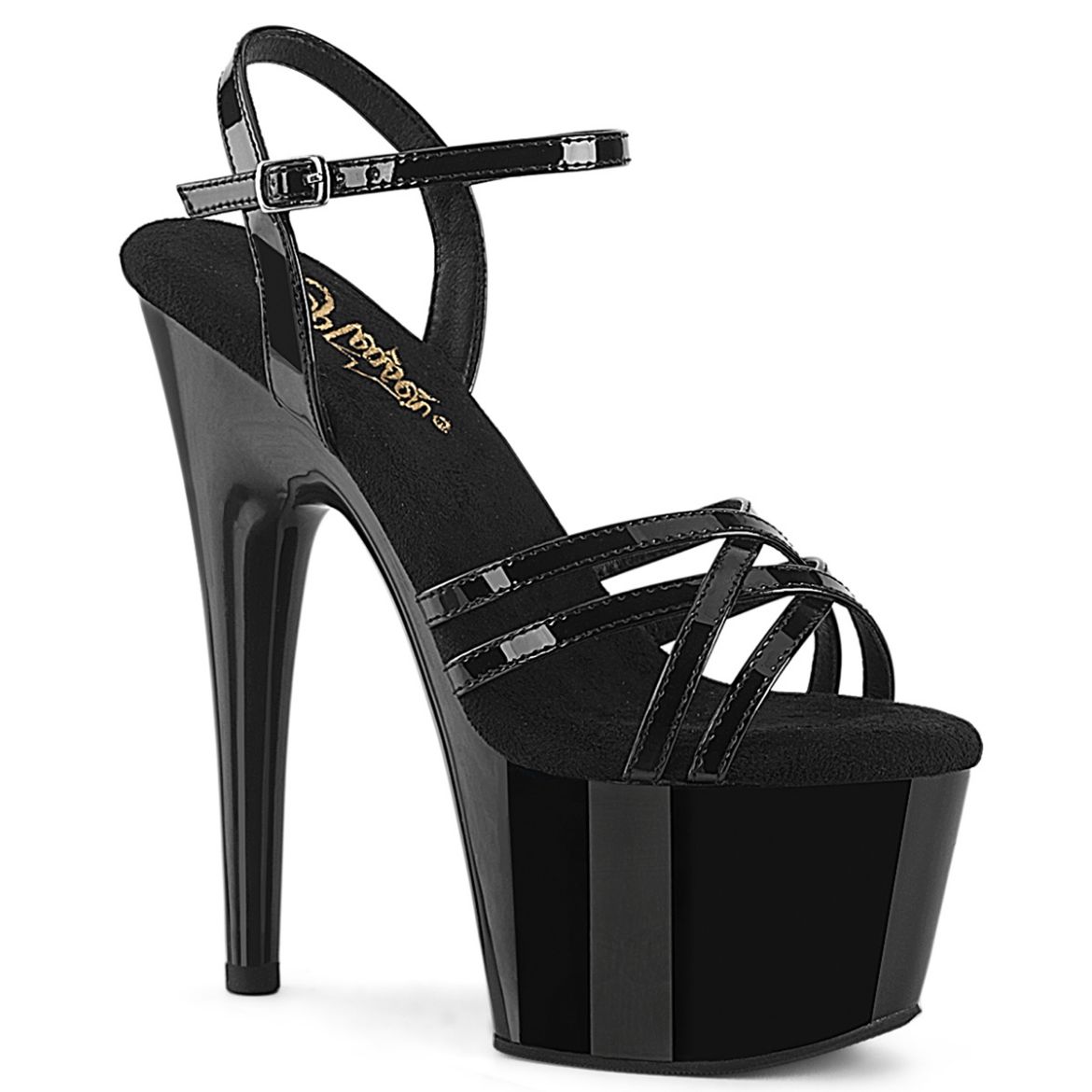 Product image of Pleaser ADORE-717 Blk Pat/Blk 7 Inch Heel 2 3/4 Inch PF Criss Cross Ankle Strap Sandal