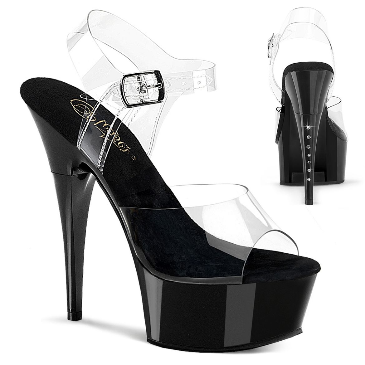 Product image of Pleaser CAPTIVA-608 Clr/Blk 6 Inch Heel 1 3/4 Inch PF Ankle Strap Sandal w/ RS on Heel