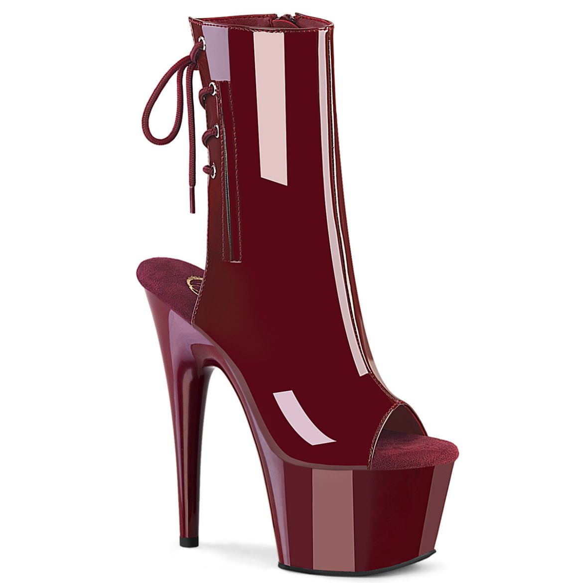Product image of Pleaser ADORE-1018 Burgundy Pat/Burgundy 7 Inch Heel 2 3/4 Inch PF Open Toe/Heel Ankle Boot Side Zip
