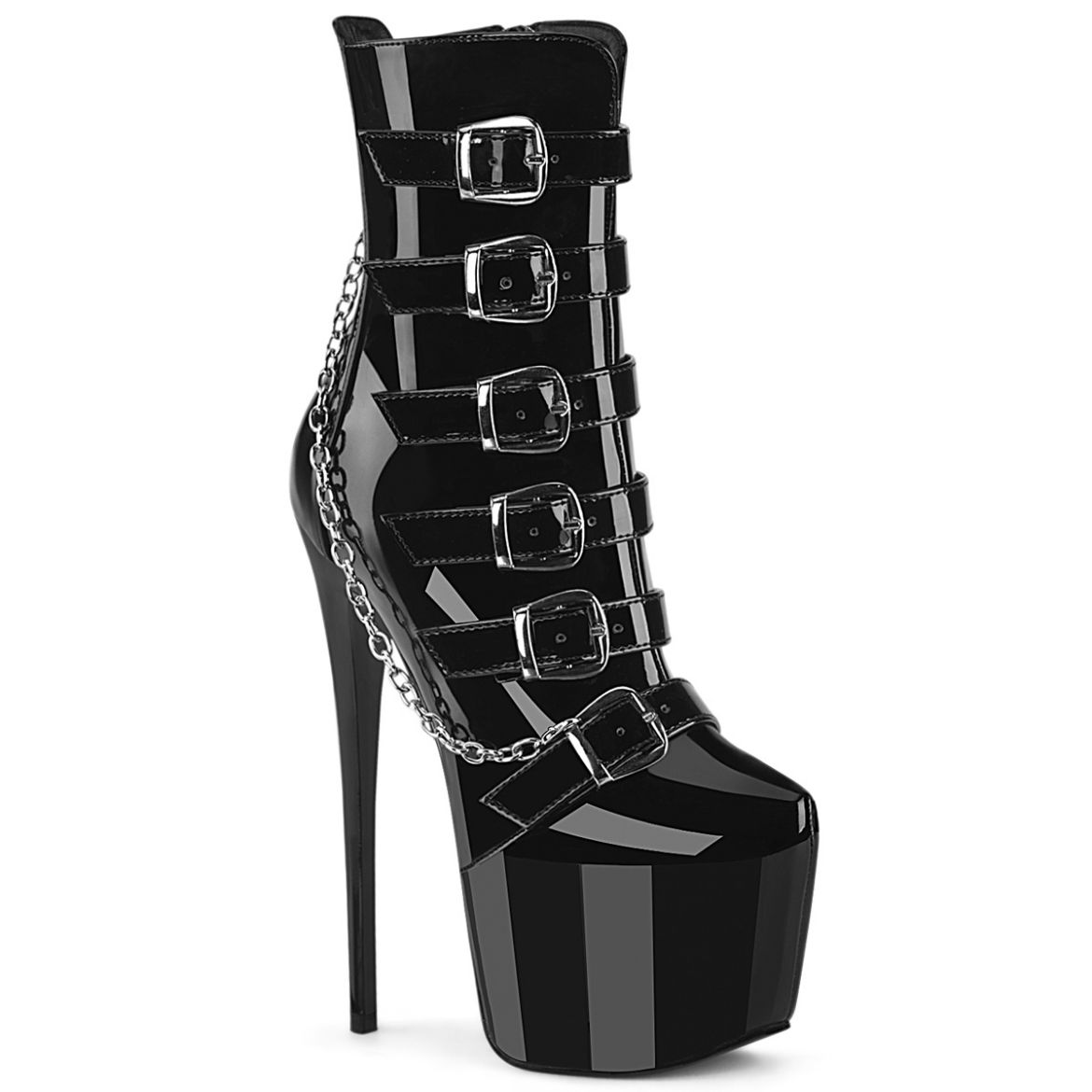 Product image of Pleaser JUBILANT-1015 Blk Pat 7 Inch Heel  3 Inch Concealed PF Strappy Ankle Boot Side Zip