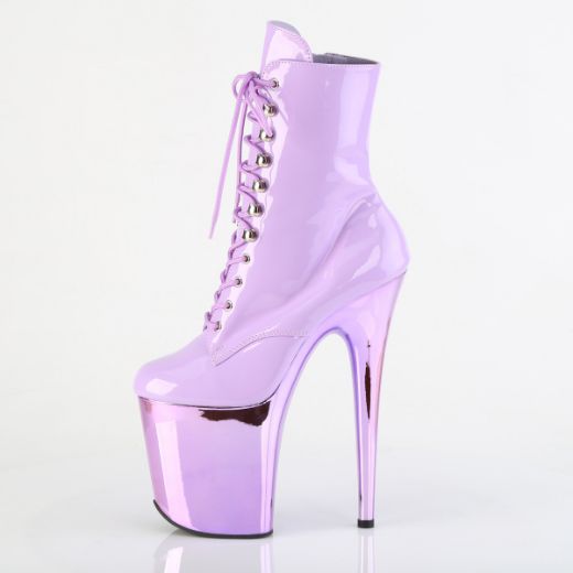 Product image of Pleaser FLAMINGO-1020 Lavender Pat/Lavender Chrome 8 Inch Heel 4 Inch PF Lace-Up Front Ankle Boot Side Zip