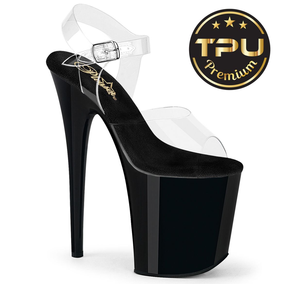 Product image of Pleaser FLAMINGO-808PREM Clr TPU/Blk 8 Inch Heel 4 Inch PF Ankle Strap Sandal
