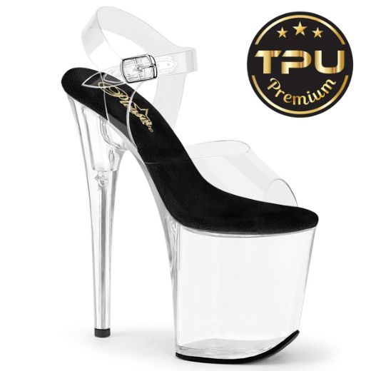 Product image of Pleaser FLAMINGO-808PREM Clr TPU-Blk/Clr 8 Inch Heel 4 Inch PF Ankle Strap Sandal