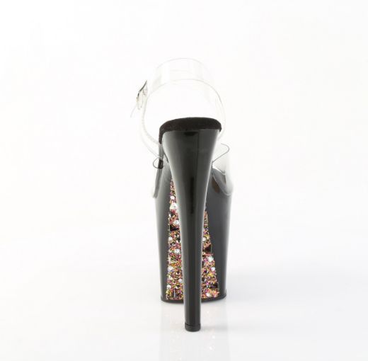 Product image of Pleaser XTREME-808PYRS Clr/Blk-Gold Multi 8 Inch Heel 4 Inch PF Ankle Strap Sandal w/ Pyramid Stone and RS