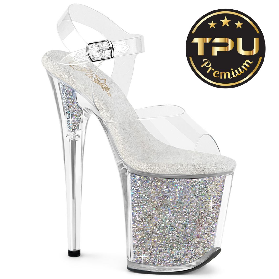 Product image of Pleaser FLAMINGO-808PREM-RSI Clr/Clr-Slv AB RS 8 Inch Heel 4 Inch PF Ankle Strap Sandal w/RS Inserts