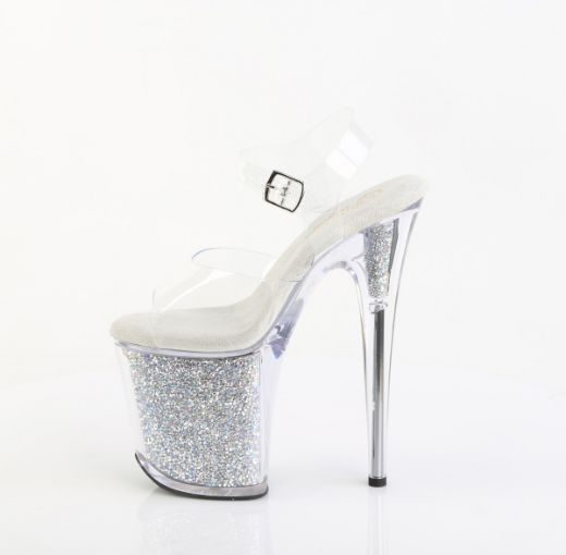 Product image of Pleaser FLAMINGO-808PREM-RSI Clr/Clr-Slv AB RS 8 Inch Heel 4 Inch PF Ankle Strap Sandal w/RS Inserts