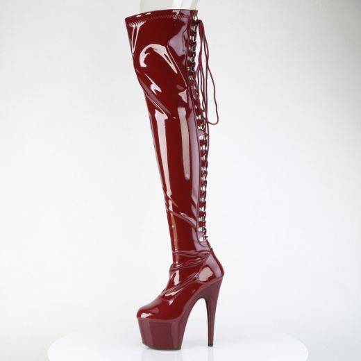Product image of Pleaser ADORE-3063 Burgundy Str. Pat/Burgundy 7 Inch Heel 2 3/4 Inch PF Lace-Up Back Stretch Thigh Boot Side Zip