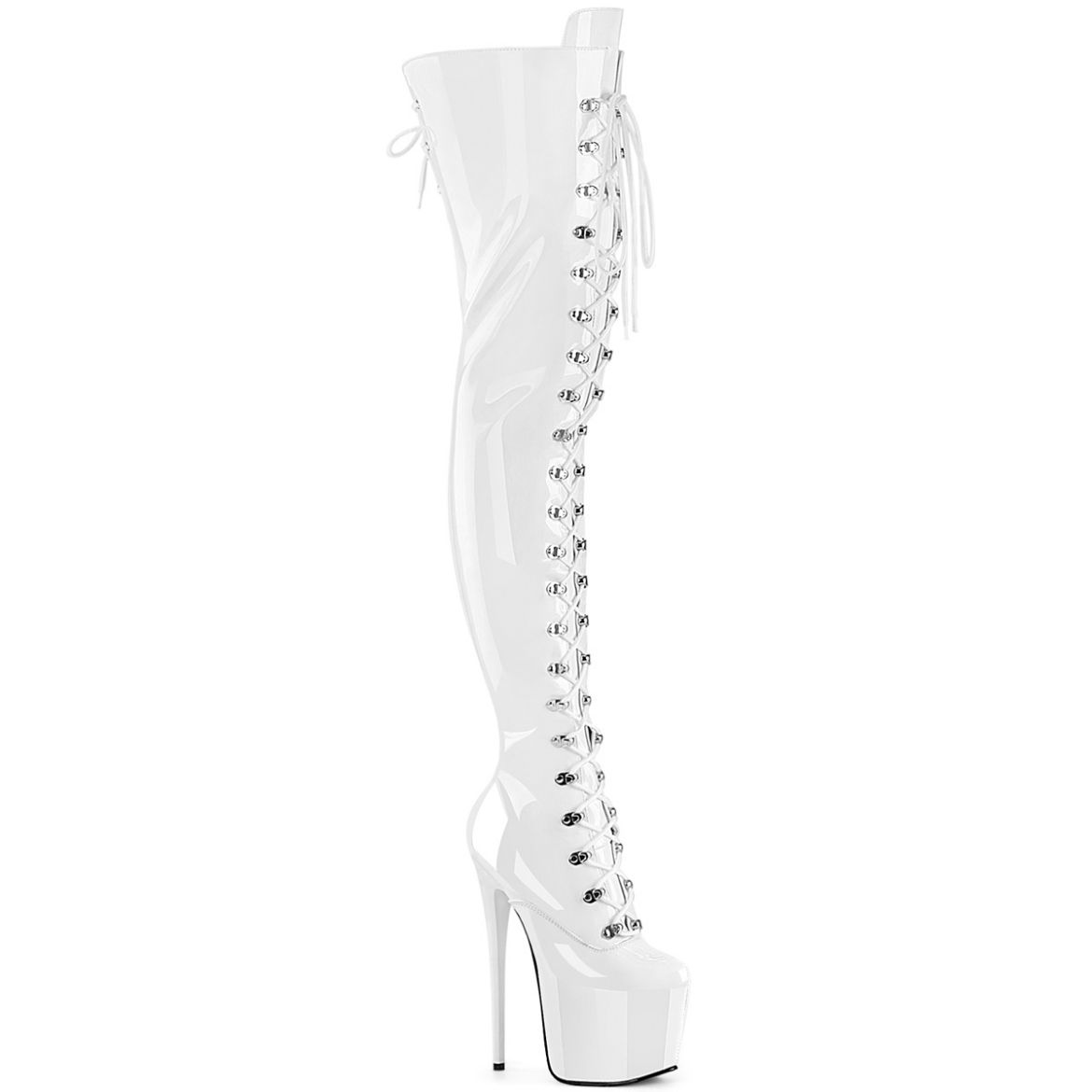 Product image of Pleaser JUBILANT-4012 Wht Str. Pat 7 Inch Heel 3 Inch Concealed PF Lace-Up Crotch Boot Side Zip