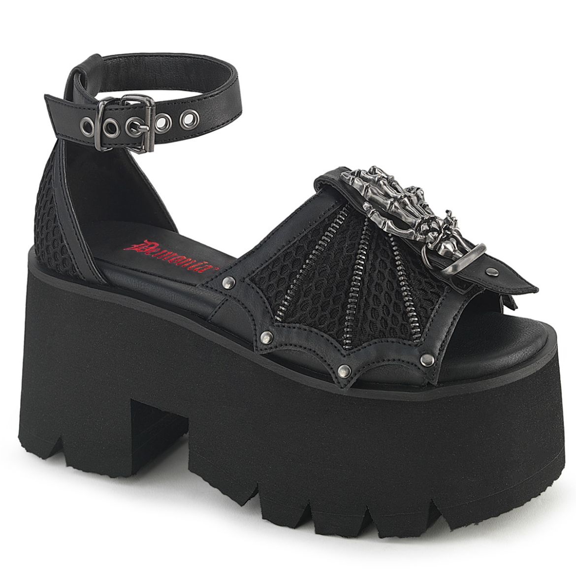 Product image of Demoniacult ASHES-11 Blk Vegan Leather-Mesh 3 1/2 Inch Chunky Heel 2 1/4 Inch Cut Out PF Ankle Strap Sandal