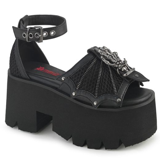 Product image of Demoniacult ASHES-11 Blk Vegan Leather-Mesh 3 1/2 Inch Chunky Heel 2 1/4 Inch Cut Out PF Ankle Strap Sandal