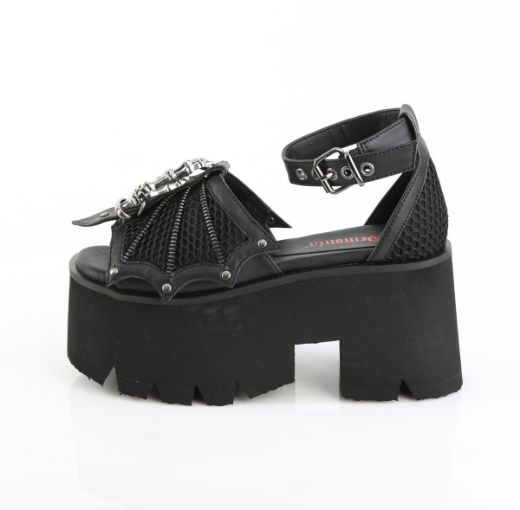 Product image of Demoniacult ASHES-11 Blk Vegan Leather-Mesh 3 1/2 Inch Chunky Heel 2 1/4 Inch Cut Out PF Ankle Strap Sandal