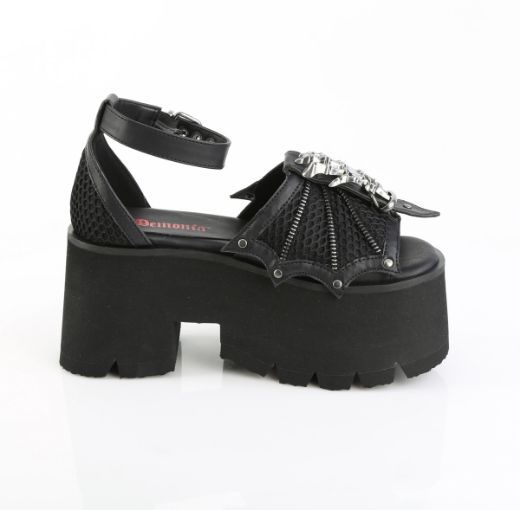Product image of Demoniacult ASHES-11 Blk Vegan Leather-Mesh 3 1/2 Inch Chunky Heel 2 1/4 Inch Cut Out PF Ankle Strap Sandal