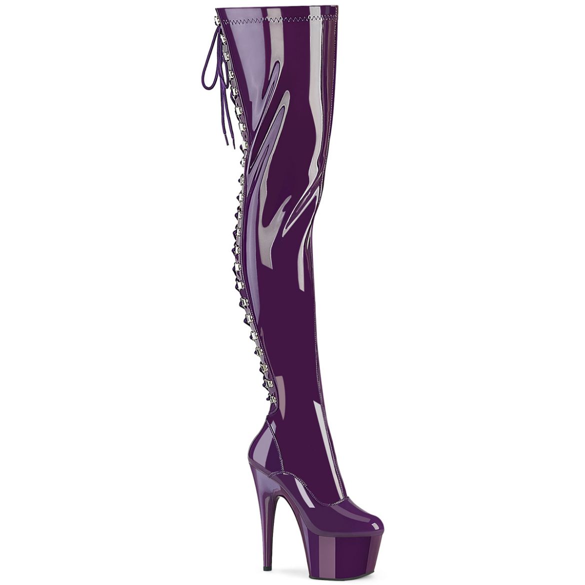 Product image of Pleaser ADORE-3063 Purple Str. Pat/Purple 7 Inch Heel 2 3/4 Inch PF Lace-Up Back Stretch Thigh Boot Side Zip
