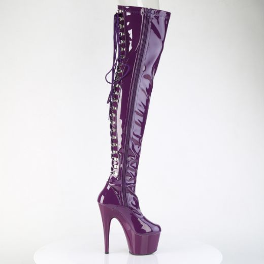 Product image of Pleaser ADORE-3063 Purple Str. Pat/Purple 7 Inch Heel 2 3/4 Inch PF Lace-Up Back Stretch Thigh Boot Side Zip