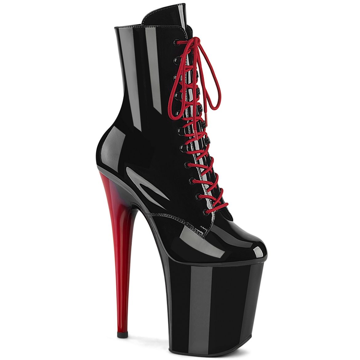 Product image of Pleaser FLAMINGO-1020 Blk Pat/Blk-Red 8 Inch Heel 4 Inch PF Lace-Up Ankle Boot Side Zip