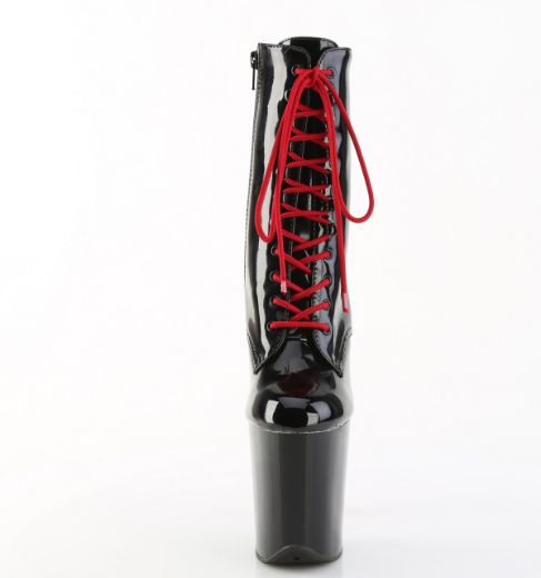 Product image of Pleaser FLAMINGO-1020 Blk Pat/Blk-Red 8 Inch Heel 4 Inch PF Lace-Up Ankle Boot Side Zip