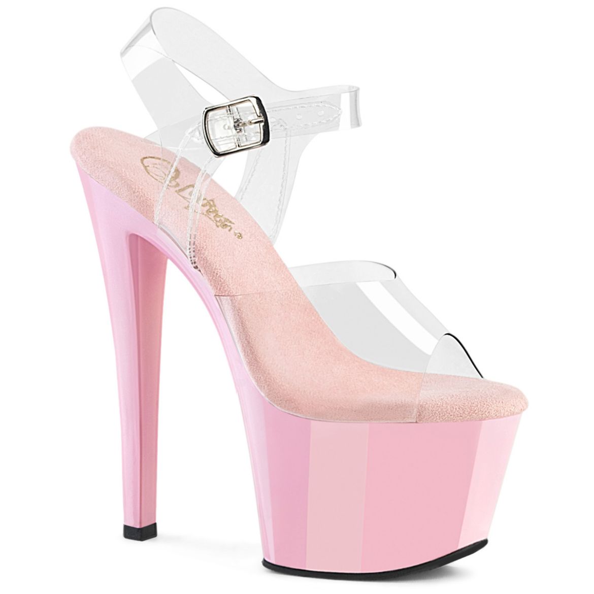 Product image of Pleaser SKY-308 Clr/B. Pink 7 Inch Heel 2 3/4 Inch PF Ankle Strap Sandal