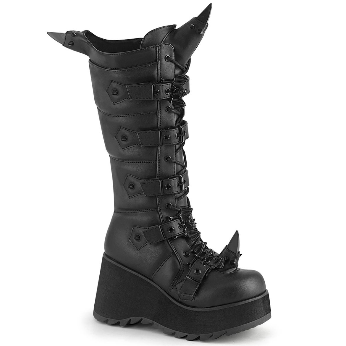 Product image of Demoniacult SCENE-157 Blk Vegan Leather 3 1/2 Inch PF Lace-Up Knee High Boot Side Zip