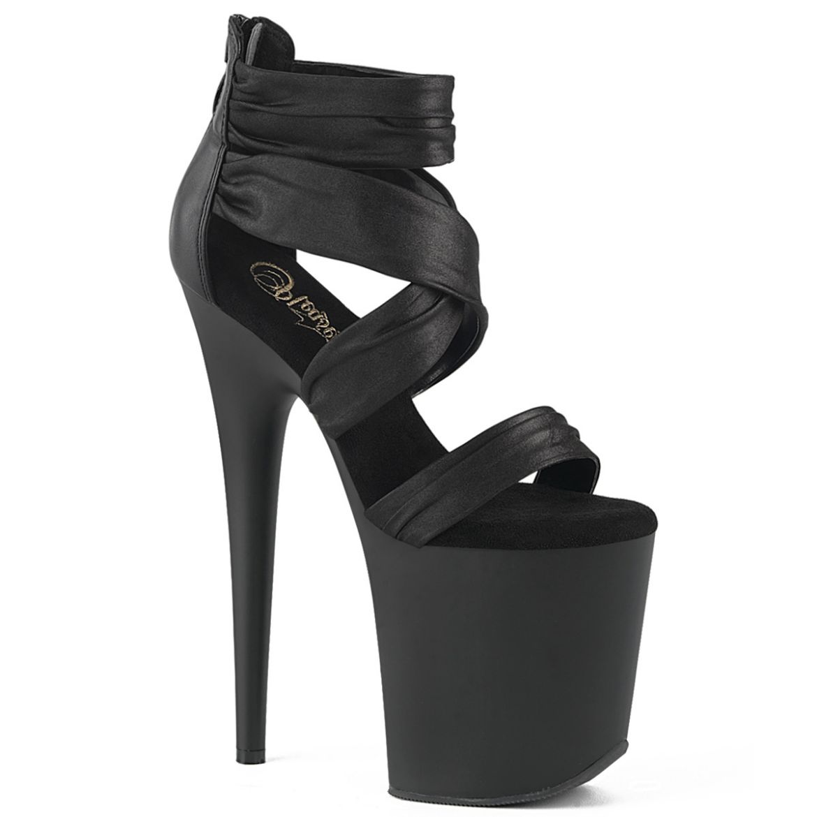 Product image of Pleaser FLAMINGO-820 Blk Faux Leather-Fabric/Blk Matte 8 Inch Heel 4 Inch PF Ruched Ankle Strap Sandal Back Zip