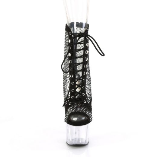 Product image of Pleaser ADORE-1021RM Blk Faux Suede-RS Mesh/Clr 7 Inch Heel 2 3/4 Inch PF Peep Toe Lace-Up Ankle Boot Side Zip