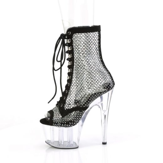 Product image of Pleaser ADORE-1021RM Blk Faux Suede-RS Mesh/Clr 7 Inch Heel 2 3/4 Inch PF Peep Toe Lace-Up Ankle Boot Side Zip