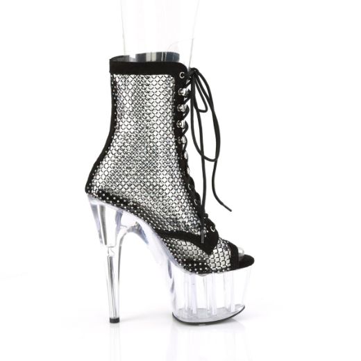 Product image of Pleaser ADORE-1021RM Blk Faux Suede-RS Mesh/Clr 7 Inch Heel 2 3/4 Inch PF Peep Toe Lace-Up Ankle Boot Side Zip