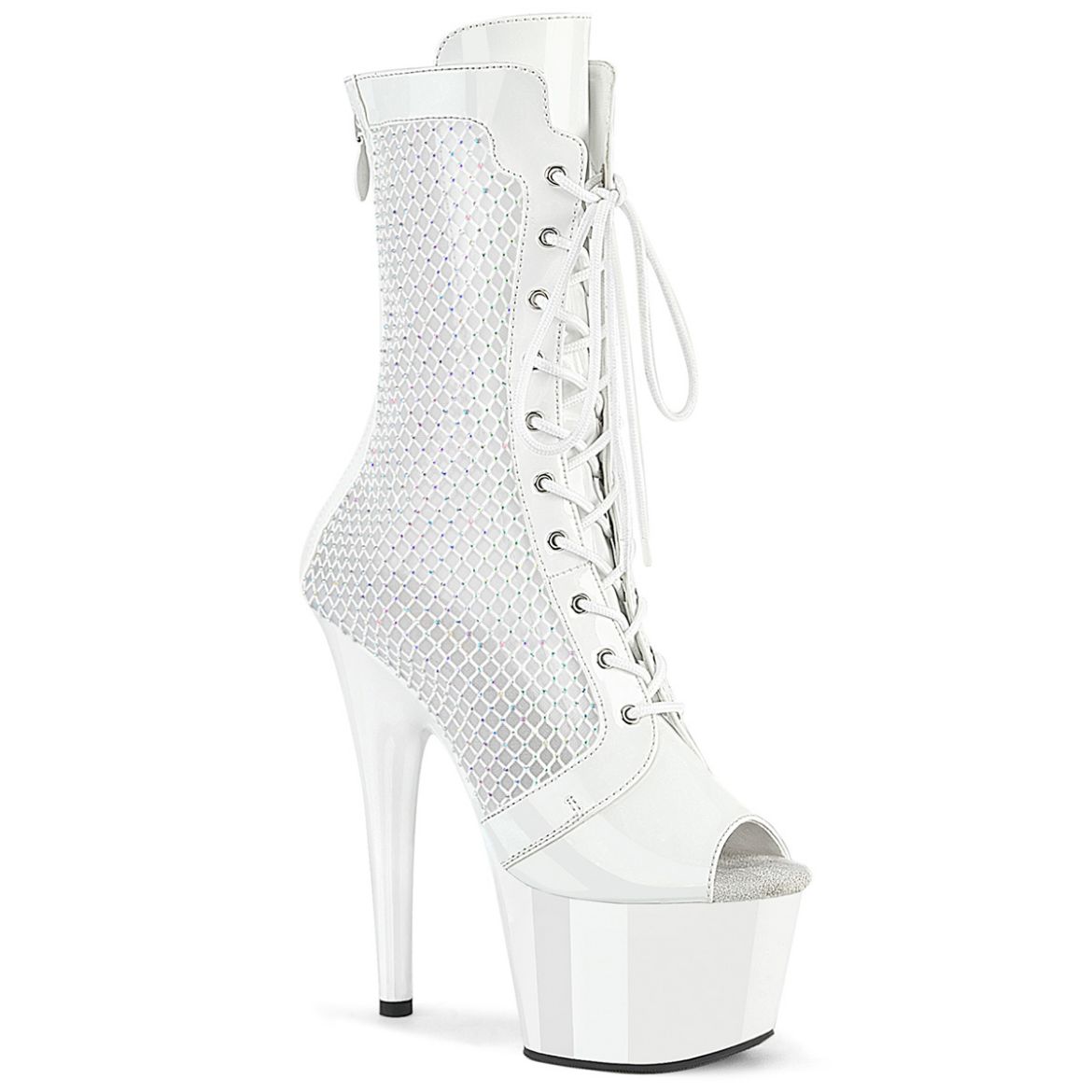 Product image of Pleaser ADORE-1048RSNT Wht Pat-Mesh-RS/Wht 7 Inch Heel 2 3/4 Inch PF Peep Toe Ankle Boot Side Zip
