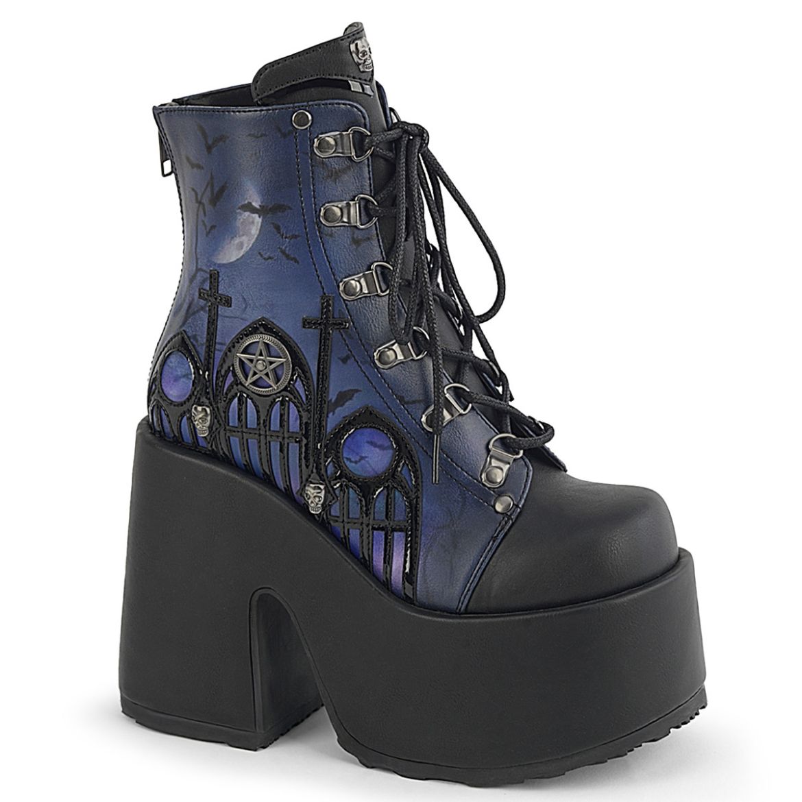 Product image of Demoniacult CAMEL-203-PT Blk Vegan Leather 5 Inch ChunkyHeel 3 Inch P/F Lace-Up Ankle Boot Metal Back Zip