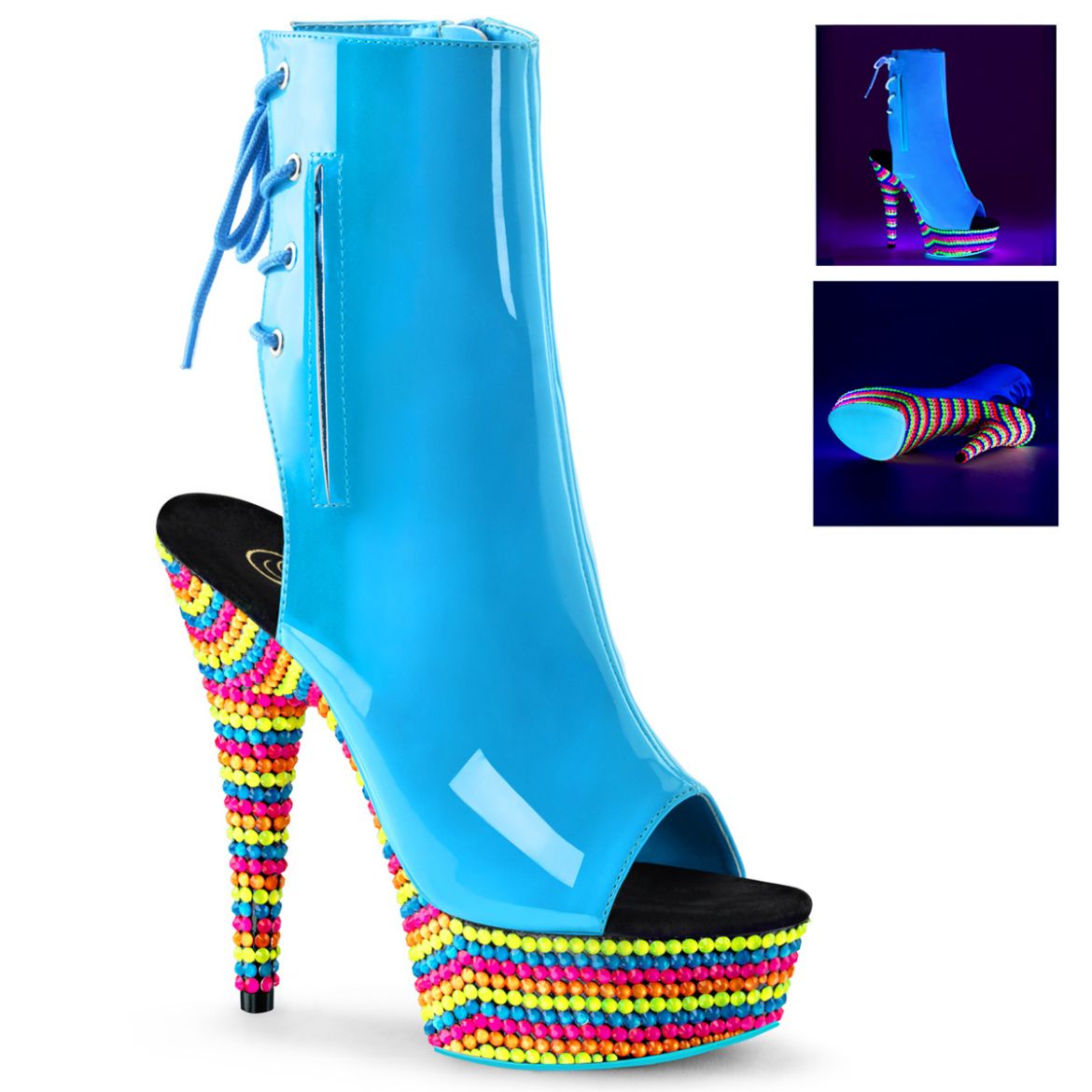Product image of Pleaser DELIGHT-1018RBS Neon Blue Pat/Neon Multi *6 Inch Heel 1 3/4 Inch PF Open Toe/Heel Ankle Boot Side Zip