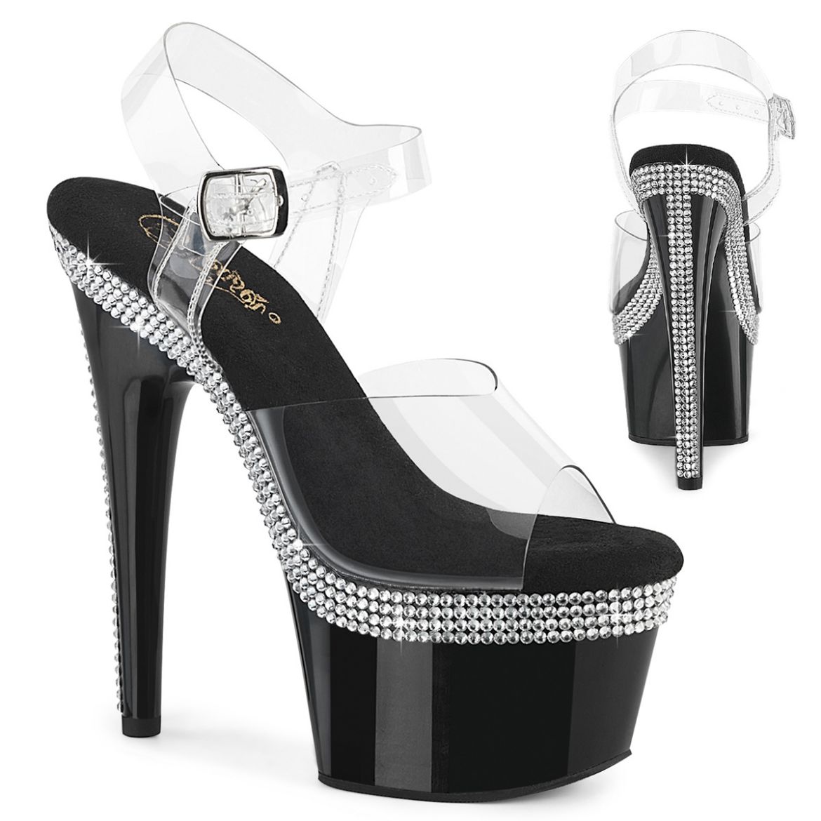 Product image of Pleaser ADORE-708MLS Clr/Blk 7 Inch Heel 2 3/4 Inch PF Ankle Strap Sandal w/ RS Lines
