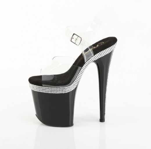 Product image of Pleaser FLAMINGO-808MLS Clr/Blk 8 Inch Heel 4 Inch PF Ankle Strap Sandal w/ RS Lines