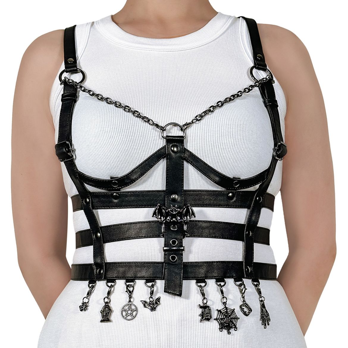 Product image of Demoniacult DA-118-SM Blk Faux Leather Faux Leather Cage Body Harness